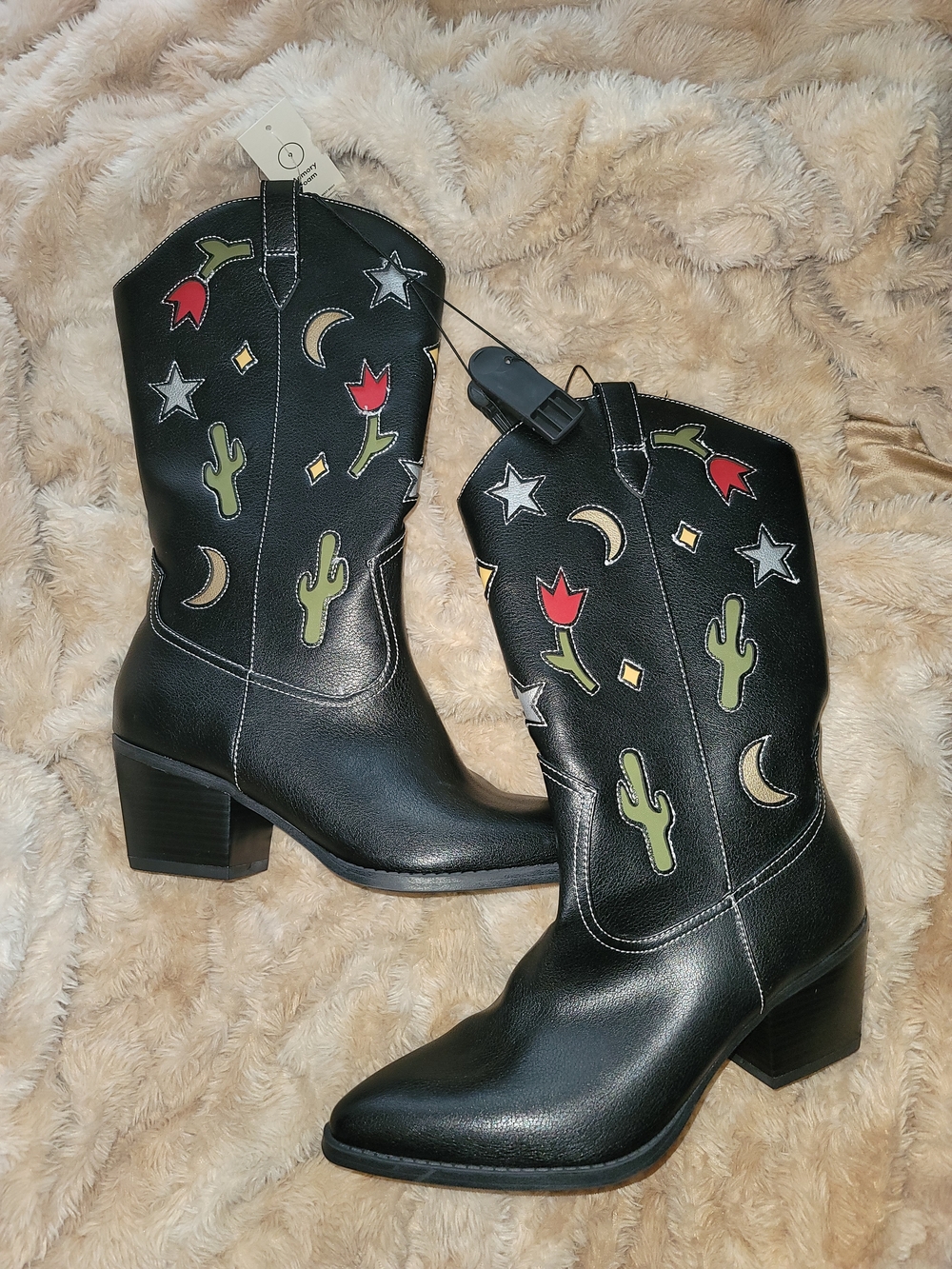 Black Western Embroidered Mid-Calf Boots with Colorful Motifs